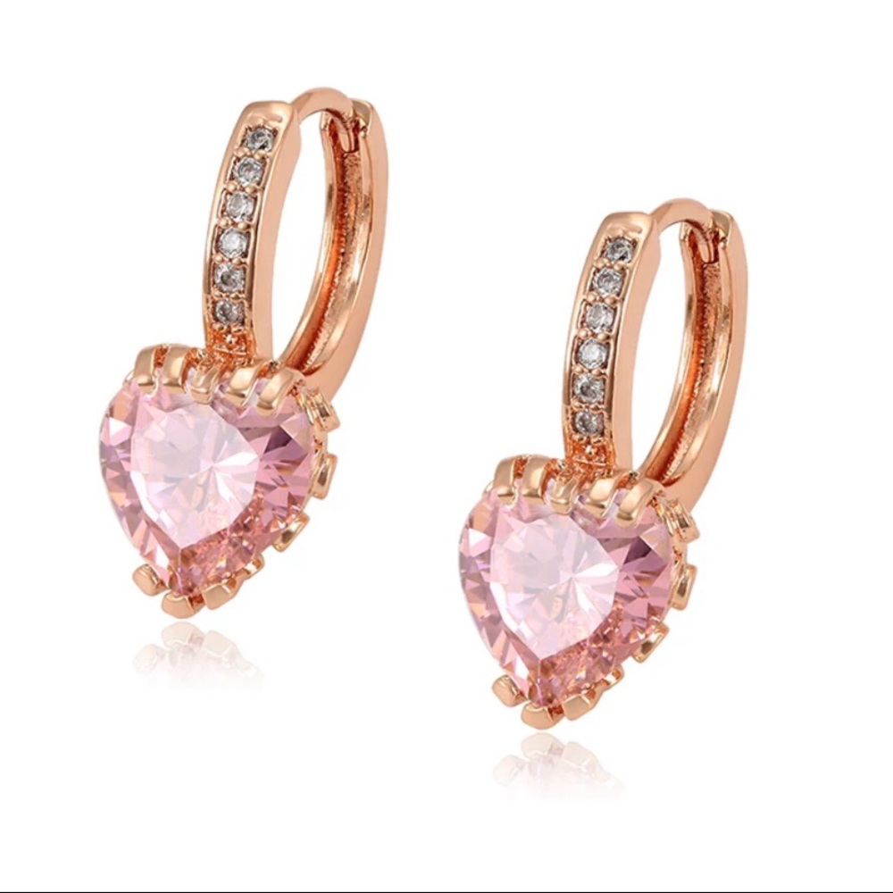 Gold Plated Pink Heart Earrings - Picture 1 of 4